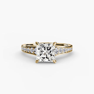 Reverse tapered channel set engagement ring featuring princess-cut lab-grown diamonds, displayed from a downward angle.