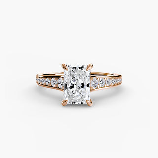 Reverse tapered channel set engagement ring with radiant lab-grown diamonds, featuring a sleek, elegant band design.