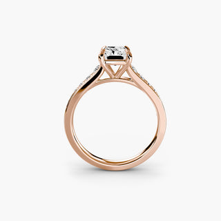 Reverse tapered channel set engagement ring with radiant lab-grown diamonds, featuring a sleek, modern band design.