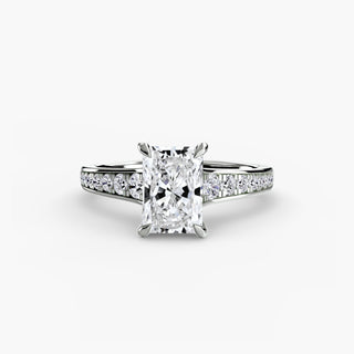 Reverse tapered channel set engagement ring with radiant lab-grown diamonds in white gold, showcasing a sleek, modern design.