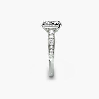 Reverse tapered channel set engagement ring in white gold with radiant lab-grown diamonds, viewed from three angles.