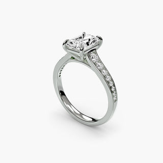 Reverse tapered channel set engagement ring in white gold with radiant lab-grown diamonds, shown from four angles.