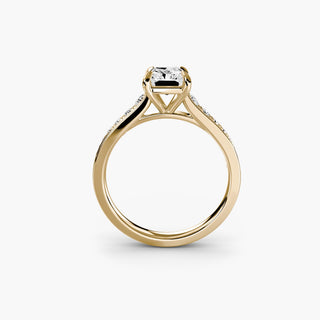 Reverse tapered channel set engagement ring with radiant lab-grown diamonds, front view showcasing elegant design and sparkling gemstones.