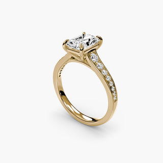 Reverse tapered channel set engagement ring with radiant yellow gold finish, showcasing multiple angles of the elegant jewelry setting.