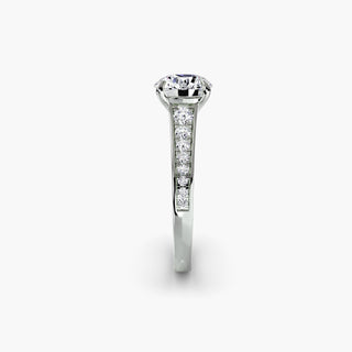 Reverse tapered channel set engagement ring with round lab-grown diamonds in white gold, side view showing detailed setting.