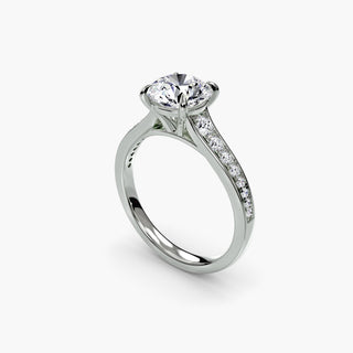 Reverse tapered channel set engagement ring with round diamonds in white gold, viewed from four angles.