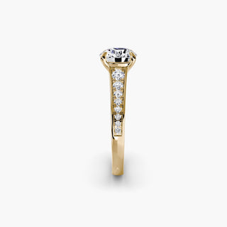 Reverse tapered channel set engagement ring with round lab-grown diamonds, showcasing a sleek, modern setting with three visible sides.