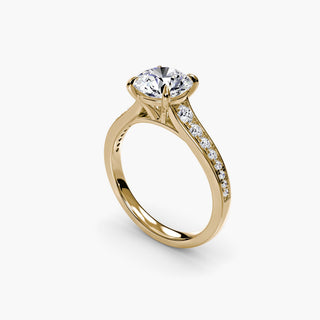 Reverse tapered channel set engagement ring with round diamonds, featuring a sleek gold setting from LabGrownDiamonds.com.