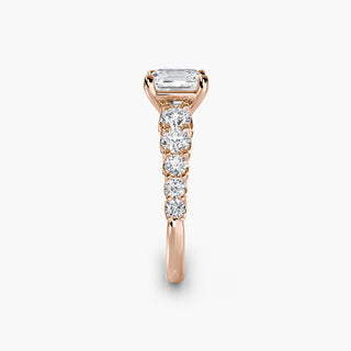 LabGrownDiamonds.com diamond band setting with graduated round U-prong design and side view of asscher-cut diamonds.