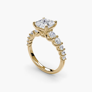 Graduated round U-prong diamond band engagement ring with asscher-cut diamonds, crafted by LabGrownDiamonds.com, shown from four angles.