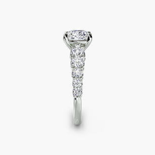 LabGrownDiamonds.com graduated round U-prong diamond band engagement ring setting with cushion-cut diamonds and white gold accents.
