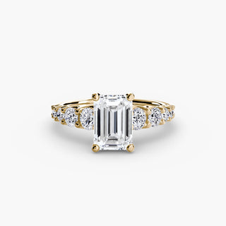 LabGrownDiamonds.com round U-prong diamond band engagement ring setting with emerald cut diamonds, yellow gold finish, viewed from top down.
