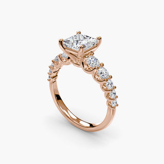 Graduated round U-prong diamond band engagement ring with lab-grown diamonds, shown from four angles.