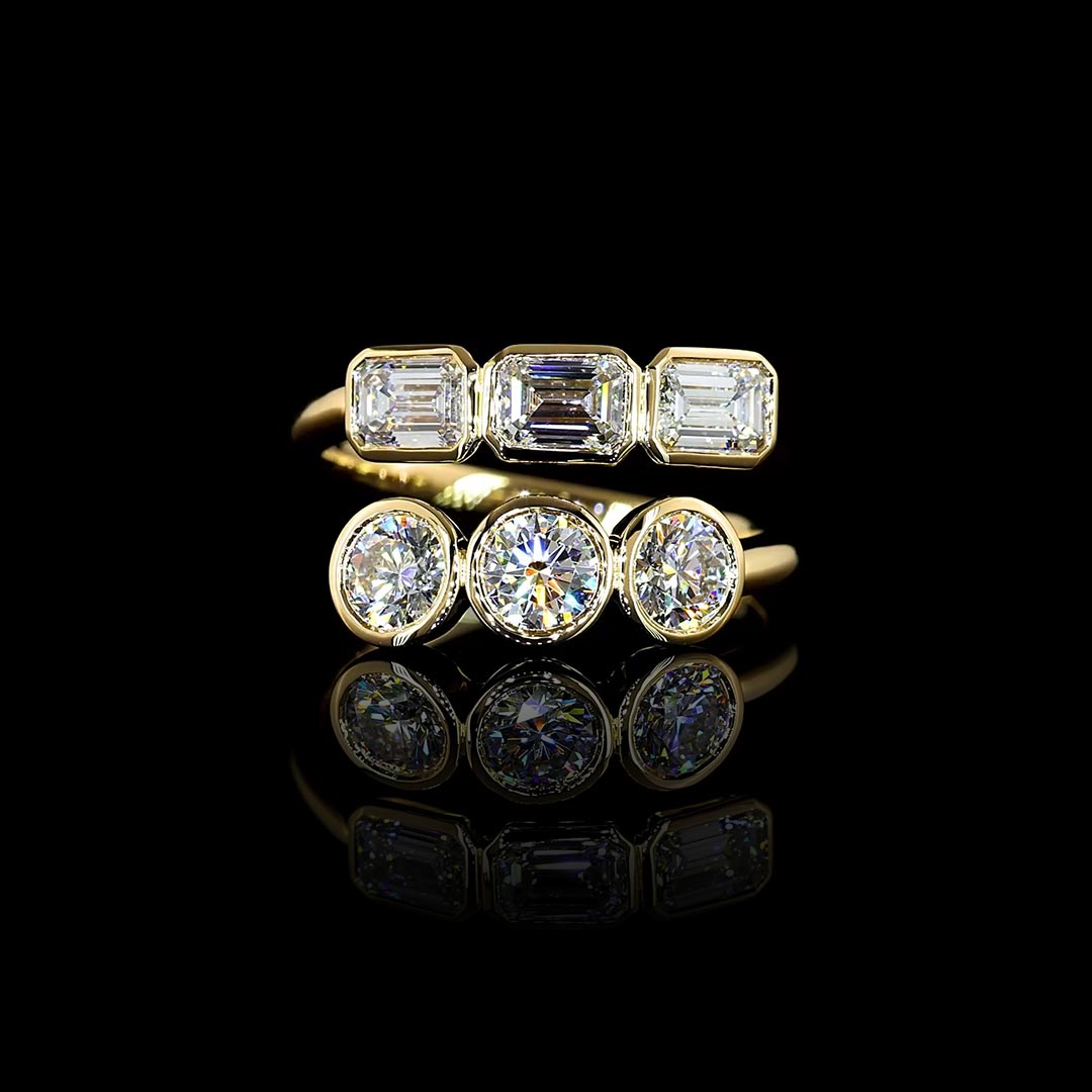 Emerald and Round Bezel Lab Grown Diamond Bypass Ring