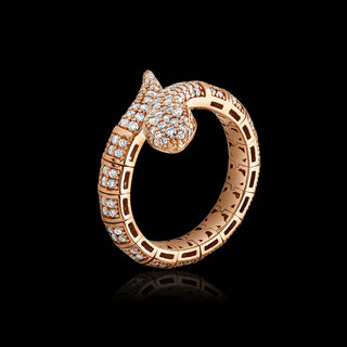 Angled profile view of lab grown diamond snake ring in 14k rose gold with a flexible design that can be worn on different ring sizes. || #metal_rose gold