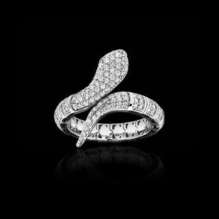 Lab grown diamond snake ring in 14k white gold with a flexible design that can be worn on different ring sizes. || #metal_white gold