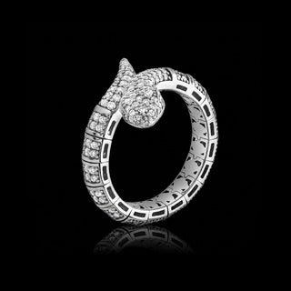 Angled profile view of lab grown diamond snake ring in 14k white gold with a flexible design that can be worn on different ring sizes. || #metal_white gold