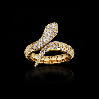 Lab grown diamond snake ring in 14k yellow gold with a flexible design that can be worn on different ring sizes. || #metal_yellow gold