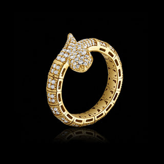 Angled profile view of lab grown diamond snake ring in 14k yellow gold with a flexible design that can be worn on different ring sizes. || #metal_yellow gold