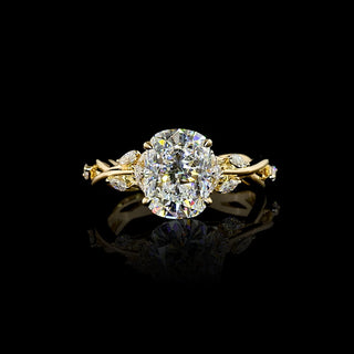Lab Grown Diamond nature-inspired Engagement Ring with twisted vine design  in yellow gold, with a 2.5 carat cushion brilliant diamond center stone, approximately 3 carats total weight.