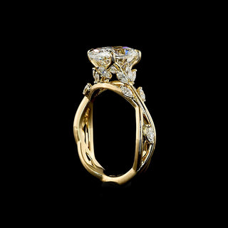 Side view of Lab Grown Diamond nature-inspired Engagement Ring with twisted vine design  in yellow gold, with a 2.5 carat cushion brilliant diamond center stone, approximately 3 carats total weight. || #diamond shape_cushion