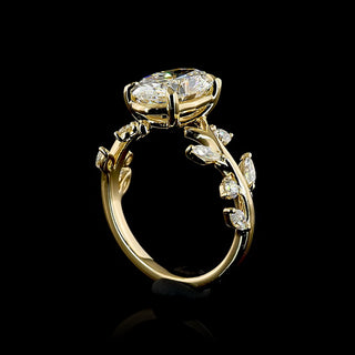 Oval lab-grown diamond engagement ring with marquise vine design, 2.5 to 3 carats, yellow gold, size 6.5.