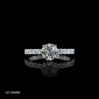 Pave diamond engagement ring with a 1 carat round diamond in white gold || #diamond shape_round #center carat weight_1