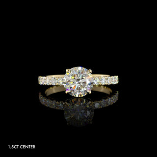 Pave diamond engagement ring with a 1.5 carat round diamond in yellow gold || #diamond shape_round #center carat weight_1.5 #metal_yellow gold