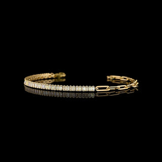 Gold tennis bracelet with baguette paperclip links and lab-grown diamonds, showcasing 52 stones totaling 1.35 carats.