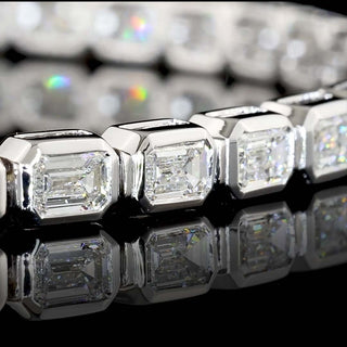 Lab Grown Diamonds 5 CTW emerald bezel tennis bracelet with lab-grown diamonds on white gold, 7-inch length, east-west design.