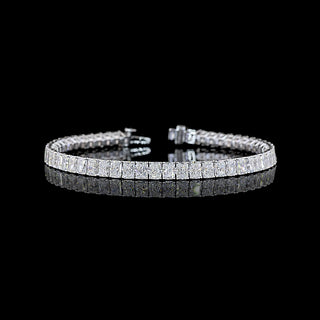 Radiant lab-grown diamond tennis bracelet with 12.3 carats total weight, 54 sparkling diamonds in white gold setting.