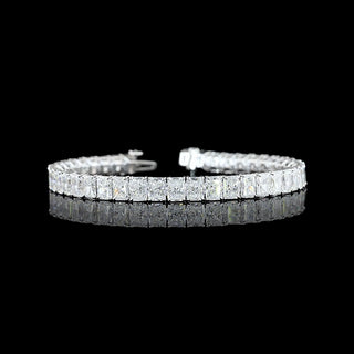 Radiant lab-grown diamond tennis bracelet with 20 carats total weight, 42 radiant-cut diamonds, 7-inch white gold bracelet.