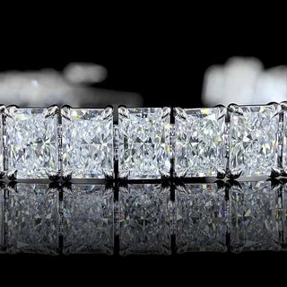Radiant lab-grown diamond tennis bracelet with 20 carats total weight, 42 radiant cut diamonds, 7-inch white gold bracelet.