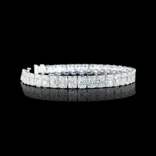 Radiant 26 carat total weight lab-grown diamond tennis bracelet with 37 radiant-cut diamonds on a 7-inch white gold bracelet.