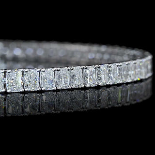Radiant lab-grown diamond tennis bracelet with 5 carats total weight, 78 radiant-cut diamonds on a white gold chain, 7-inch length.