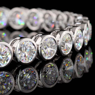 Lab Grown Diamonds 10 CTW round bezel tennis bracelet with sparkling diamonds set in white gold.