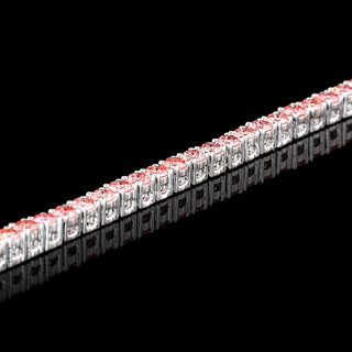 Pink round lab-grown diamond tennis bracelet with 1.5 carats total weight, 95 stones, 6.5-inch white gold band, from LabGrownDiamonds.com