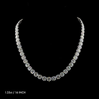 Round lab-grown diamond tennis necklace with 57 diamonds totaling 72 carats in white gold, 16-inch length.