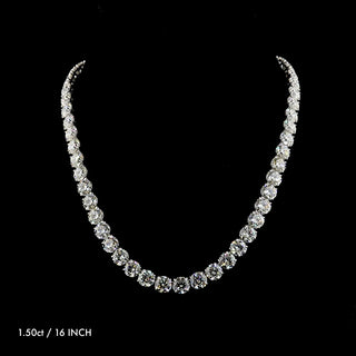 Round lab-grown diamond tennis necklace with 82 carats total weight, 58 diamonds, 16-inch white gold chain, from LabGrownDiamonds.com