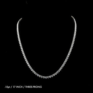 Round lab-grown diamond tennis necklace  in a three-prong setting with 15-point diamonds, 17-inch length, 18-carat total weight.