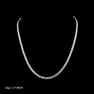Round lab-grown diamond tennis necklace  in a four-prong setting with 15-point diamonds, 17-inch length, 18-carat total weight.