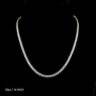 Yellow gold lab-grown diamond tennis necklace with round 20pt stones, 20cttw, 16-inch length, featuring 100 diamonds.