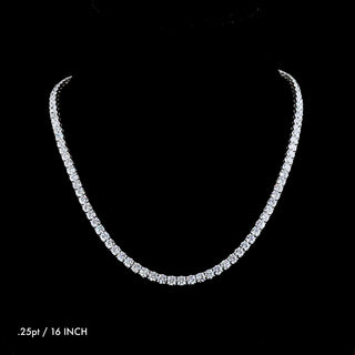 Round lab-grown diamond tennis necklace with 25 carats total weight, 16-inch white gold chain, elegant jewelry piece