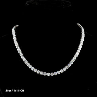 Round lab-grown diamond tennis necklace with 52 pave set diamonds totaling 4.0 carats on a 16-inch white gold chain.