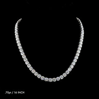 Round lab-grown diamond tennis necklace with 73 points total weight, 16-inch white gold chain, featuring sparkling diamonds.