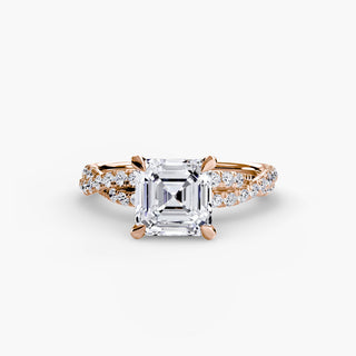 Twisted pavé engagement ring setting in rose gold, featuring an asscher-cut lab grown center diamond with a twisted pavé diamond band. || #metal_rose gold #diamond shape_asscher