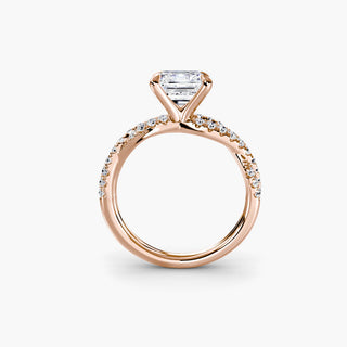 Twisted pavé engagement ring setting in rose gold, side profile view showing the twisted pavé band with an asscher-cut lab grown center diamond. || #metal_rose gold #diamond shape_asscher