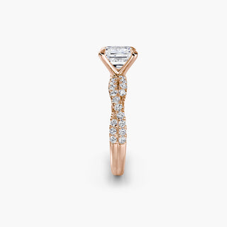 Twisted pavé engagement ring setting in rose gold showing the twisted band profile, with an asscher-cut lab grown center diamond. || #metal_rose gold #diamond shape_asscher