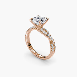 Twisted pavé engagement ring setting in rose gold with an asscher-cut lab grown center diamond and twisted pavé diamond band, three-quarter view. || #metal_rose gold #diamond shape_asscher