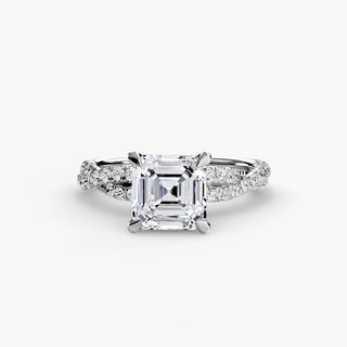 Twisted pavé engagement ring setting in white gold, featuring an asscher-cut lab grown center diamond with a twisted pavé diamond band. || #metal_white gold|platinum #diamond shape_asscher